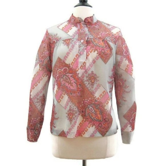Vintage Mr. Dino 70s Blouse Psychedelic Print Nehru Collar Shirt Top - Picture 1 of 4